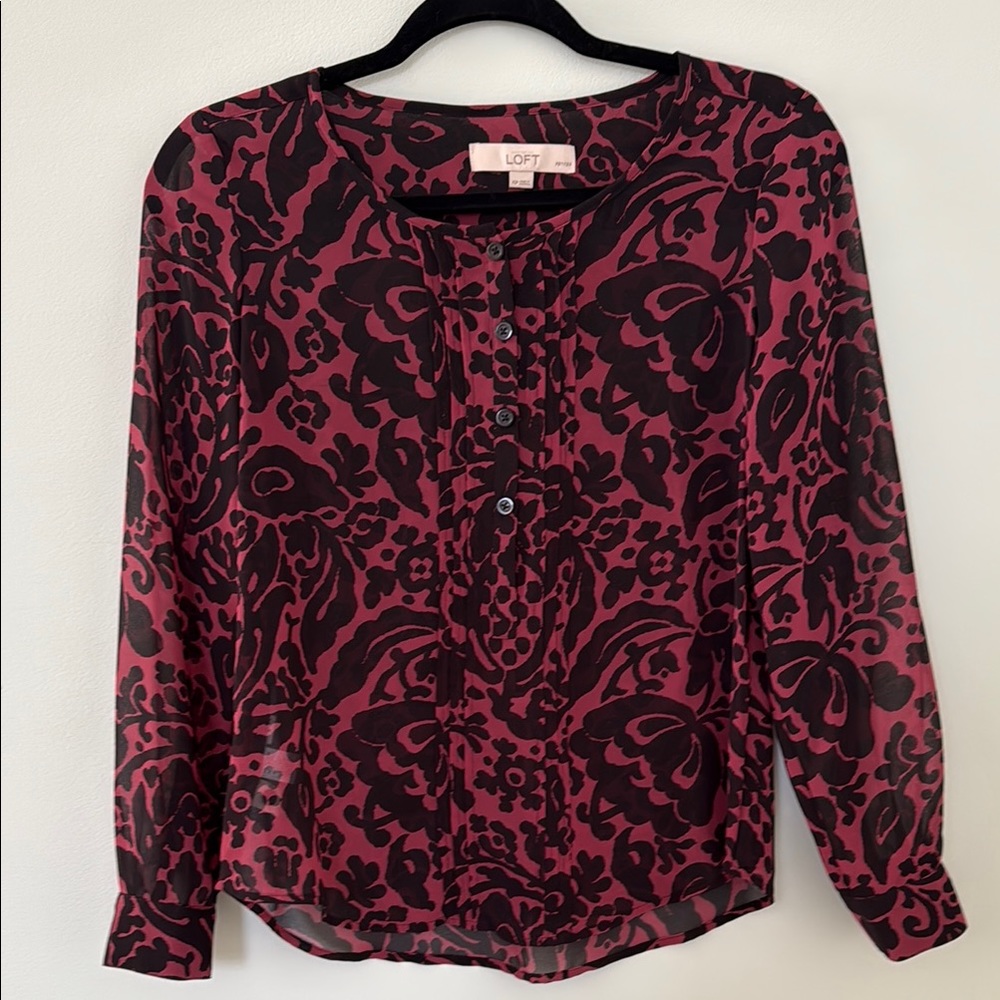 LOFT Red 3/4 Sleeve Blouse with Peter Pan Collar